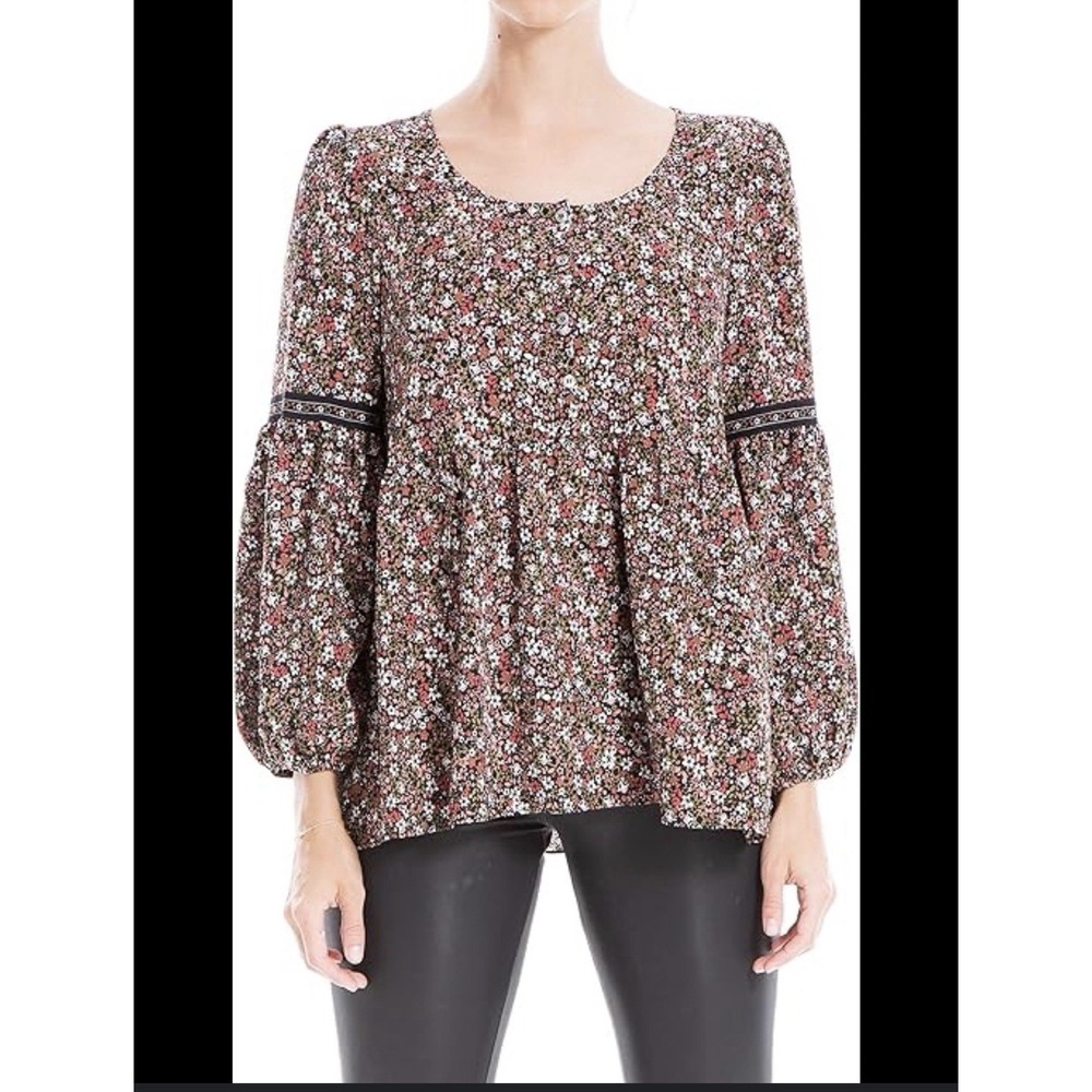 Max Studio Women Black Floral Print Crepe Bubble Sleeve Peasant Blouse Top Sz S